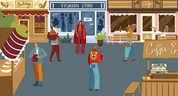 Mensen winkelen op het stadsplein, kleine lokale bakkerij winkel, modewinkel, cafe en straat voedsel, vector illustratie — Stockvector
