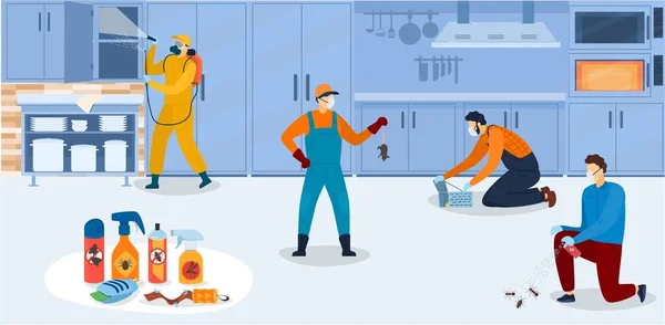 Dezinfekce v kuchyni, pracovníci služby ochrany proti škůdcům v uniformě při hygienickém zpracování kuchyně s chemickými spreji proti hmyzu vektorové ilustrace. — Stockový vektor