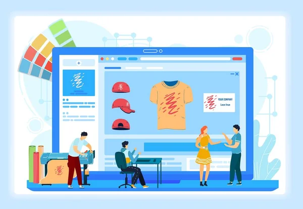 Custom t-shirt printing online services on boarding screen vector illustration. 인쇄용 온라인 타이포그래피 인쇄기 제작 주문. — 스톡 벡터