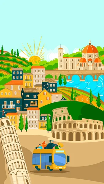 Pueblos italianos tours en autobús cartel, el turismo en vacaciones vector ilustración de los italianos ciudad famosos símbolos y lugares de interés. Roma . — Vector de stock