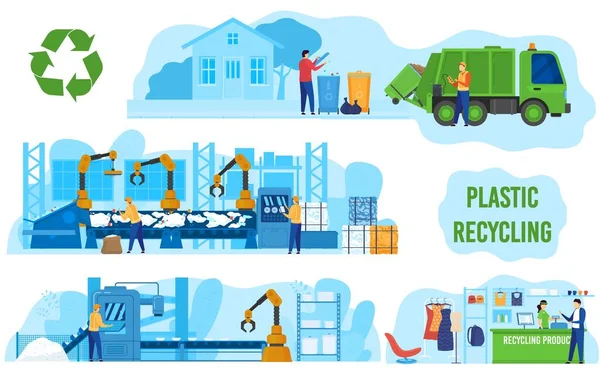 Ecologie, nul afvalindustrie, fabrieksverwerking en recycling plastic vector illustratie. Milieu en ecologie, groene technologie. — Stockvector