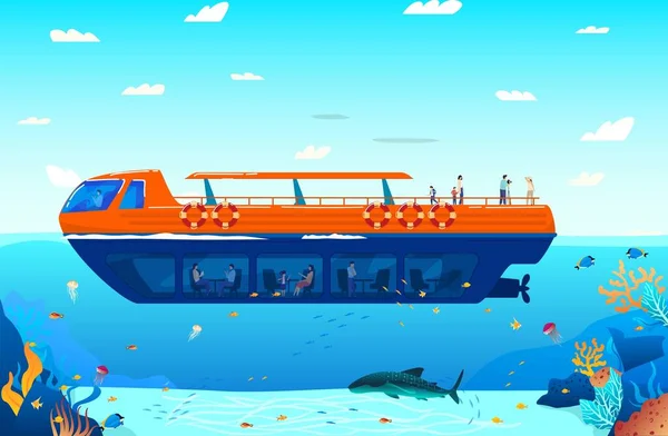 Voyage en mer tropicale sur l'illustration vectorielle d'affiche de transport par eau. Croisière maritime, voilier flottant sur l'eau de l'océan avec des poissons exotiques et un sealife. — Image vectorielle