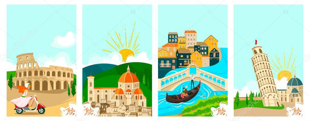 Italian towns travel banners set, tourism on vacation vector illustration of italians city famous symbols and landmarks. Rome.