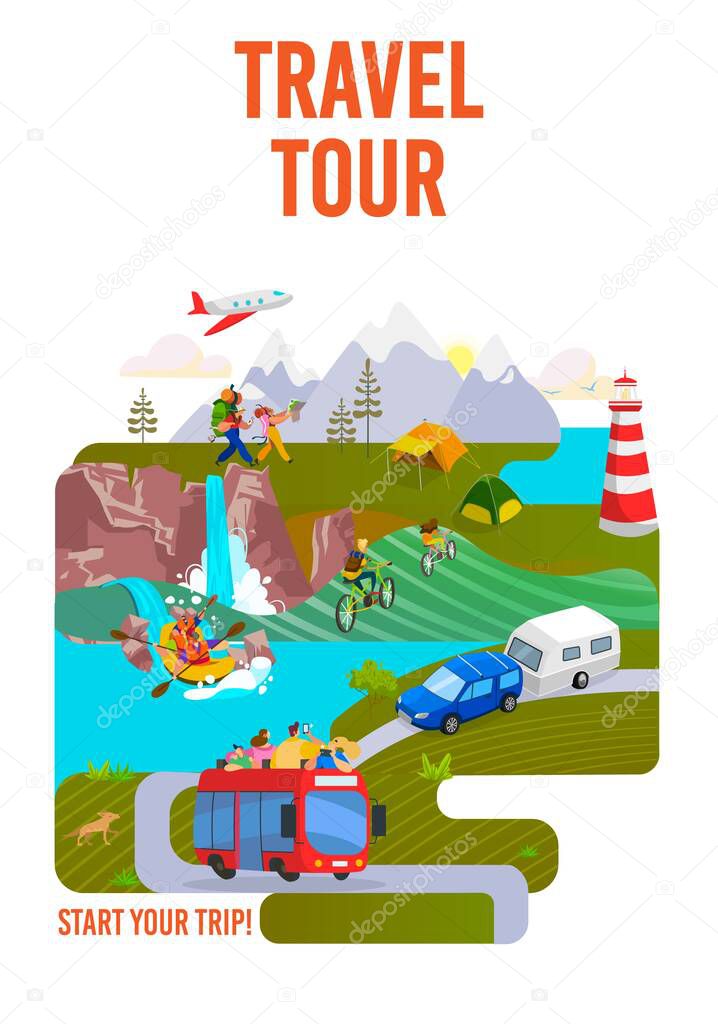 Travel, tour, journey to world, travelling and vacation on holiday poster, vector illustration. Hiking and road trip. Tourism.