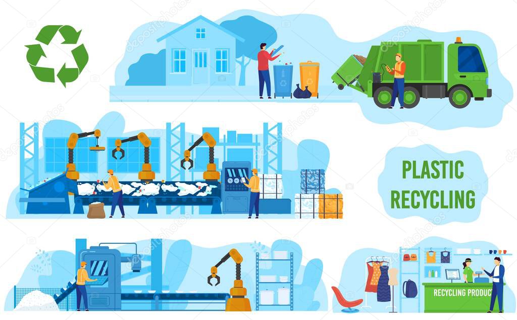 Ecology, zero waste industry, factory processing and recycling plastic vector illustration. Enviroment and ecology, green technology.