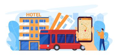Otobüs şehri tur vektör illüstrasyonu, çizgi film düz gezgin el ele tutuşması otobus şehir planlı akıllı telefon, harita mobil uygulaması beyaz üzerine izole