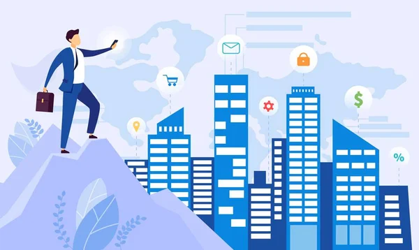 Business control smart city vector illustration, uomo d'affari piatto cartone animato in piedi nel paesaggio urbano moderno, la gestione e il controllo dei dati — Vettoriale Stock
