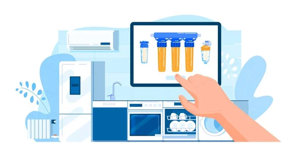 Köp kök vatten filter vektor illustration, tecknad platt hand köpa filtrering omvänd osmos system för modernt kök interiör — Stock vektor