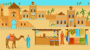 Afrika 'ya seyahat vektör illüstrasyonu, karikatür düz çöl Afrika manzarası eski evler, şato, sokak marketleri
