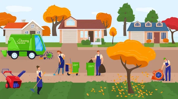 清洁城市服务媒介图解，卡通平工清洁卫生人员与清洁城市街道的设备一起工作 — 图库矢量图片