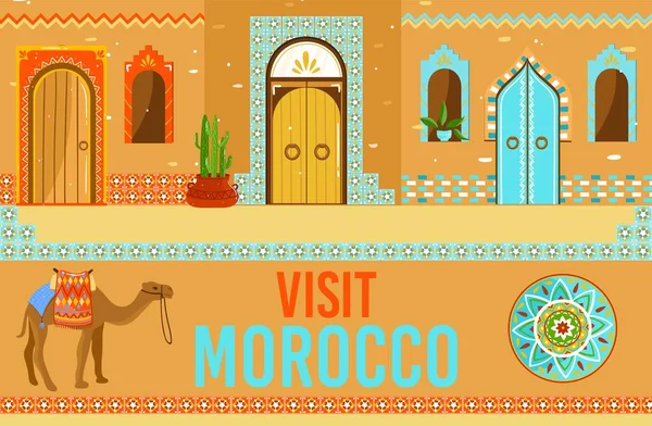 Visita Marruecos vector ilustración, dibujo animado plano marroquí viaje hito, entrada de la casa árabe con puerta de la ventana, camello banner de viaje — Vector de stock