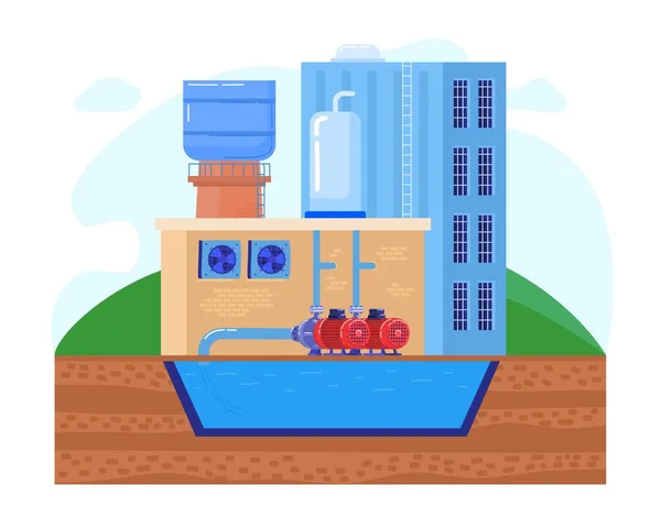 Estación de bomba de agua en la ilustración de vectores de fábrica industrial, bombas de la industria plana de dibujos animados tomar agua limpia del depósito del tanque — Vector de stock