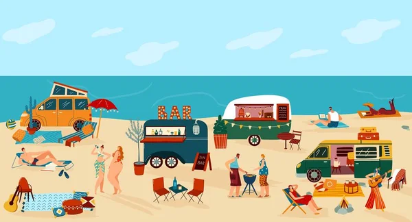 As pessoas viajam em reboque vetor ilustração, desenho animado plana homem feliz mulher viajante campista personagens se divertir no acampamento praia festival —  Vetores de Stock