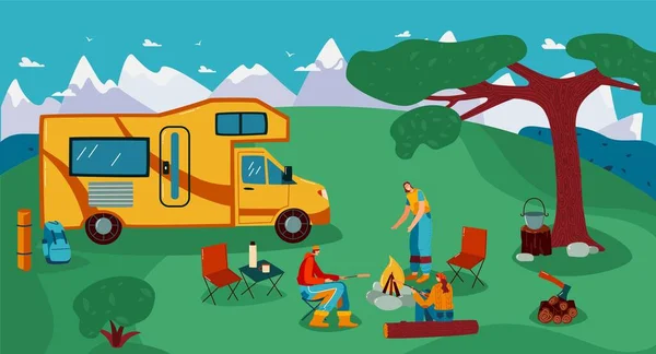 Mensen reizen in trailer vector illustratie, cartoon platte man vrouw vriend reiziger personages koken picknick eten op kampvuur achtergrond — Stockvector