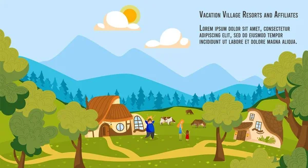 Persone in vacanza villaggio vettoriale illustrazione, cartone animato piatto felice famiglia villaggio personaggi trascorrere del tempo insieme vicino a case di campagna — Vettoriale Stock