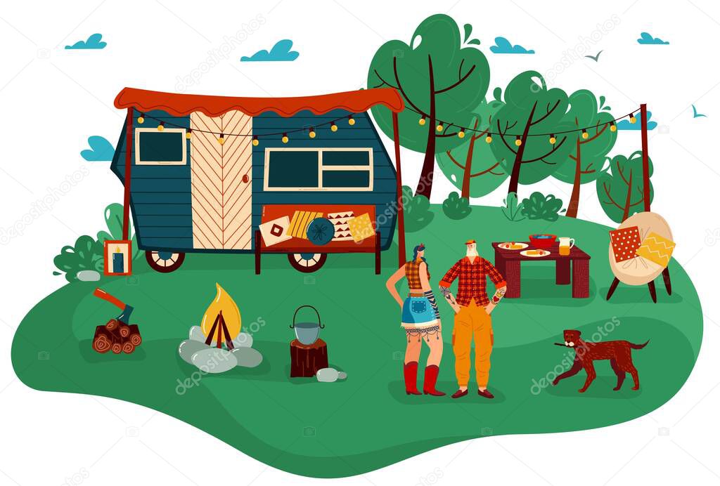People travel in trailer vector illustration, cartoon flat man woman couple traveler characters standing in tourist camp with campfire