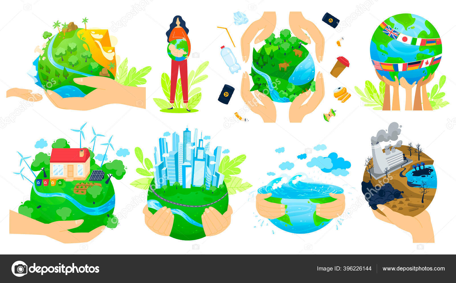 Planet i hendene på mennesker illustrasjon satt, tegnefilm flate  menneskelige hender holde grønn klode, unntatt jord planet økologi isolert  på hvitt stockvektor © seahorsevector #396226144, image size:1600x992