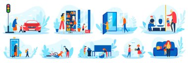 Çocuklar, iyi alışkanlıkların vektör illüstrasyonu setine, çizgi film düz kibar çocuk karakterinin çalışmasına, yetişkinlere beyazlar üzerinde izole edilmiş yaşlılara yardım eder