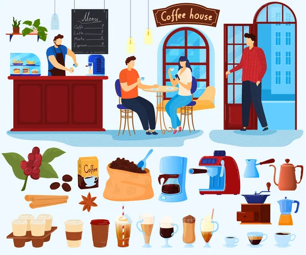 Café casa vector ilustración conjunto, dibujos animados plana amante del café carácter beber, barista hace bebida fresca caliente, menú aislado en blanco — Archivo Imágenes Vectoriales