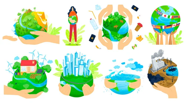 Planeet in mensenhanden vector illustratie set, cartoon platte menselijke arm handen houden groene globe, sparen aarde planeet ecologie geïsoleerd op wit — Stockvector