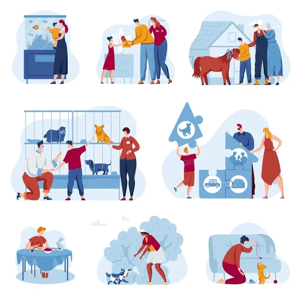 Tienda de mascotas vector ilustración conjunto, personajes de dibujos animados propietarios de la familia plana adoptan animales sin hogar en la jaula refugio aislado en blanco — Archivo Imágenes Vectoriales