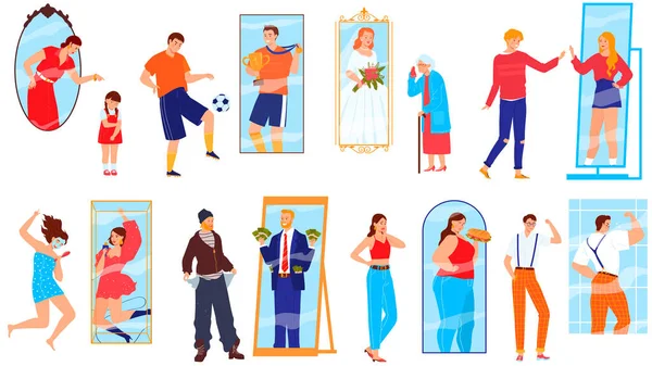 Reflejo espejo personas vector ilustración conjunto, personaje de la mujer de dibujos animados mirando espejo, viendo persona gorda, hombre delgado espejo culturista — Archivo Imágenes Vectoriales