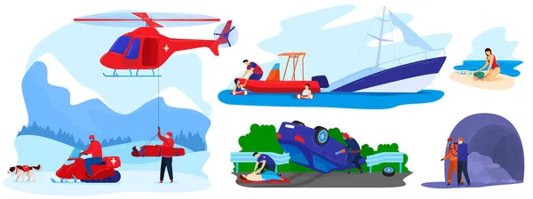 Redding ramp vector illustratie platte set, cartoon redder team te redden gewond karakter van ongeval, het redden van leven geïsoleerd op wit — Stockvector