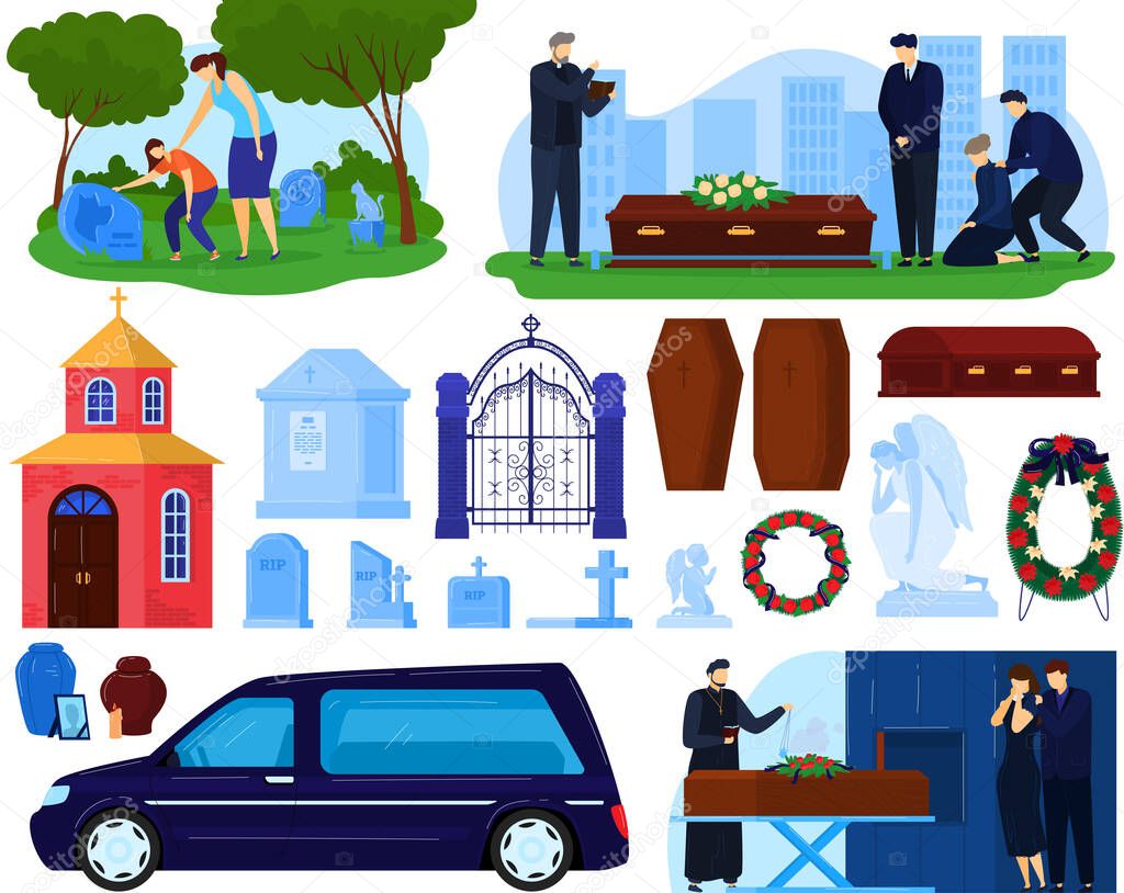 Funeral burial cemetery death ceremony vector illustration set, cartoon flat sad people, ceremonial hearse car near coffin with dead person