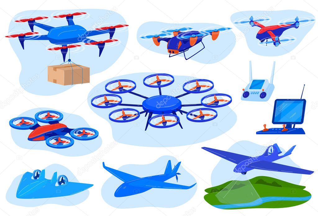 Drone quadcopter vector illustration set, cartoon flat aircrafts helicopter collection of flying modern drones service isolated on white