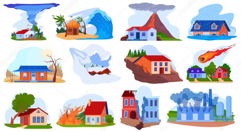 Nature disaster accident vector illustration set, cartoon flat natural storm tornado tsunami, volcano, fire destroy house isolated on white