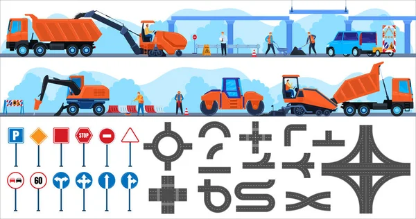 Wegenreparatiebouw vector illustratie platte set, cartoon werknemer reparateur karakter werken aan de bouw van vrachtwagen geïsoleerd op wit — Stockvector