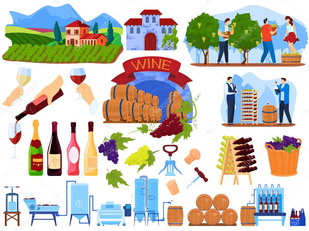 Grape wine product process in factory vector illustration set, cartoon flat winery, winemaking production collection isolated on white