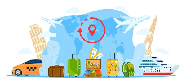 复古旅行社平面概念矢量图解，卡通画旅行袋，旅行箱打开行李，世界地图 — 图库矢量图片