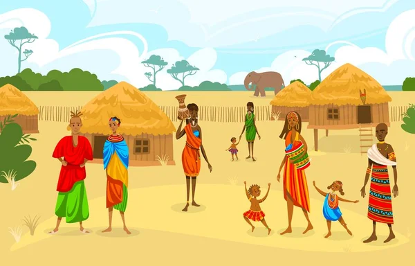 Tribe ethnic people in Africa flat vector illustration, cartoon African woman with jug, family characters standing near huts houses — Stock Vector