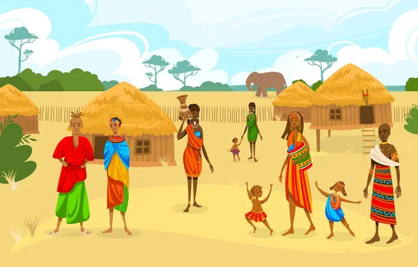 Tribu étnica en África plana vector ilustración, dibujos animados mujer africana con jarra, personajes familiares de pie cerca de casas cabañas — Vector de stock