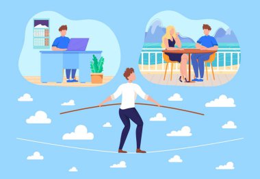 Work life balance concept flat vector illustration, cartoon businessman balancing on rope between life choices problem isolated on white clipart