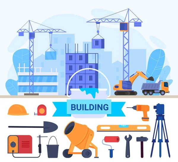 House building construction, repair tools flat vector illustration, cartoon constructing home building, working crane engineering equipments — Stock Vector