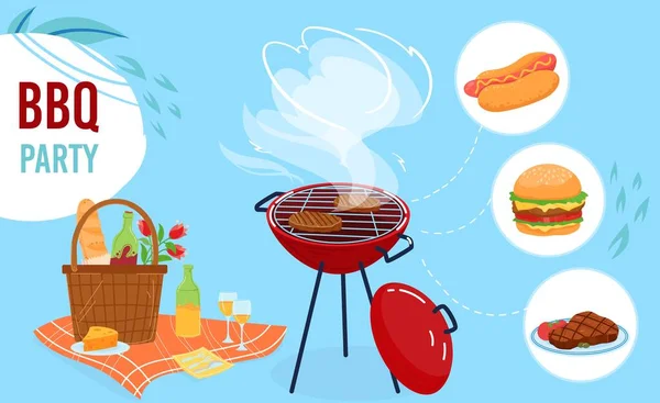 Bbq гриль партии плоский вектор иллюстрация, мультфильм летом пикник коллекция с оборудованием барбекю, жареное мясо стейк — стоковый вектор