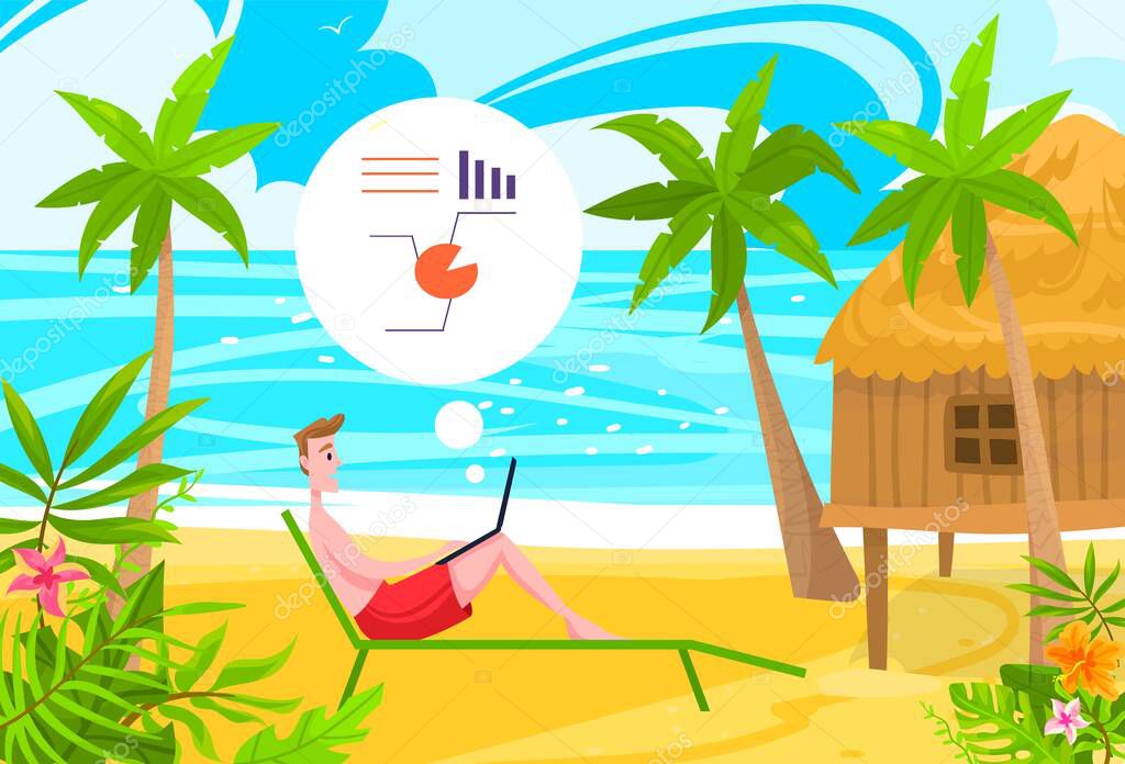 Business people work on beach flat vector illustration, cartoon businessman freelancer character sunbathing, working online with laptop