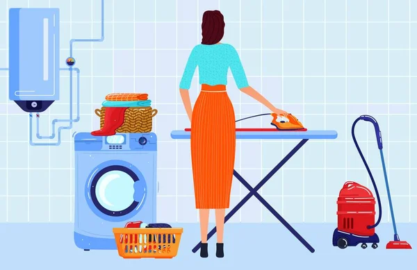 Ilustrasi vektor datar rumah pembersihan, karakter penjaga rumah tangga wanita kartun yang bekerja, wanita yang menyetrika tumpukan pakaian di latar belakang papan besi - Stok Vektor