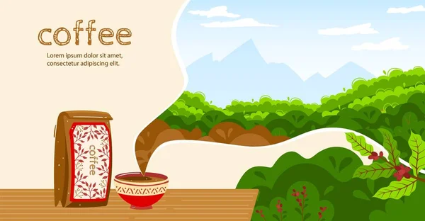 커피 벡터 삽화, 만화에 나오는 평평 한 커피 컵 향 음료, 종이 봉지, 커피 원두에서 천연 원료 식물을 수확하는 모습 — 스톡 벡터