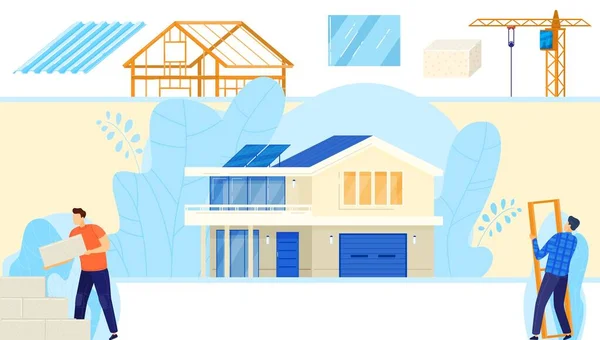 Bygga teknik vektor illustration, tecknad platt byggare arbetare karaktär team som arbetar i staden hus byggprocess — Stock vektor