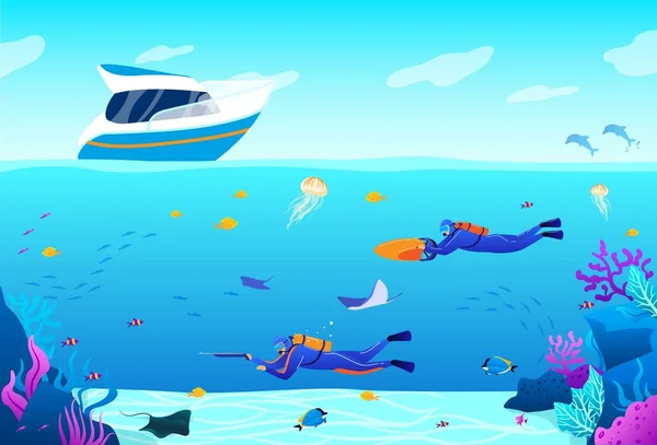 Persone immersioni vettoriale illustrazione, cartone animato piatto sott'acqua panoramica blu marino con personaggi apneisti nuoto e caccia sfondo — Vettoriale Stock