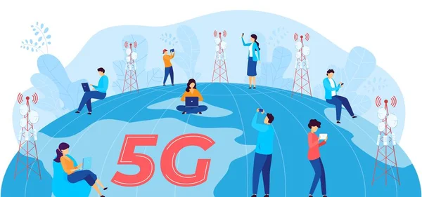 5G Internet kommunikation vektor illustration, tecknad platt man kvinna användartecken med mobila enheter kommunicera, med hjälp av 5G-nätverk — Stock vektor