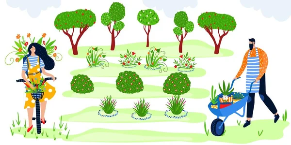 Eco tuinieren platte vector illustratie, cartoon gelukkige tuinman mensen hebben plezier, boer karakters genieten van landbouw werk in groene tuin — Stockvector