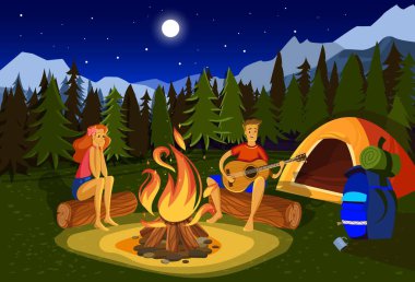 Gece kampı illüstrasyonu, çizgi film düz mutlu çiftler kamp ateşinde birlikte oturup yaz şarkıları söyleyen insanlar.