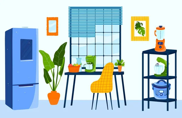 Intérieur de la cuisine avec des appareils modernes illustration vectorielle, dessin animé cuisine plate avec réfrigérateur, chaise de table, fond de plantes d'intérieur — Image vectorielle