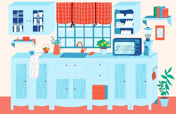 Cuisine illustration vectorielle intérieure, salle de cuisine appartement dessin animé dans la maison appartement, ustensiles de cuisine avec appareils et vaisselle dans les placards — Image vectorielle