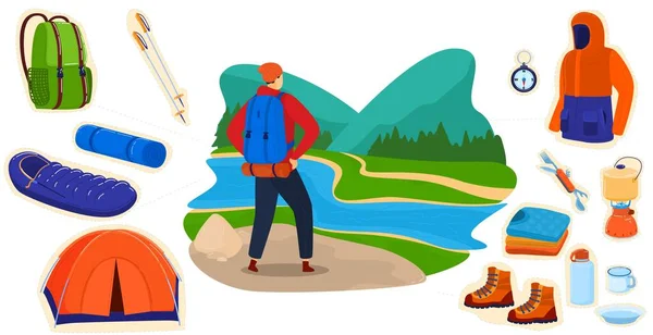 Outdoor toerisme avontuur vector illustratie, cartoon platte toeristische wandelaar backpacker karakter, reizen collectie geïsoleerd op wit — Stockvector