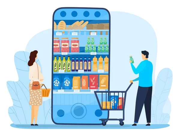 スーパーマーケットショップモバイルアプリで大きなスマートフォンの横に立つ食料品ショッピングオンラインベクトルイラスト,漫画フラット小さな女性の男 — ストックベクタ